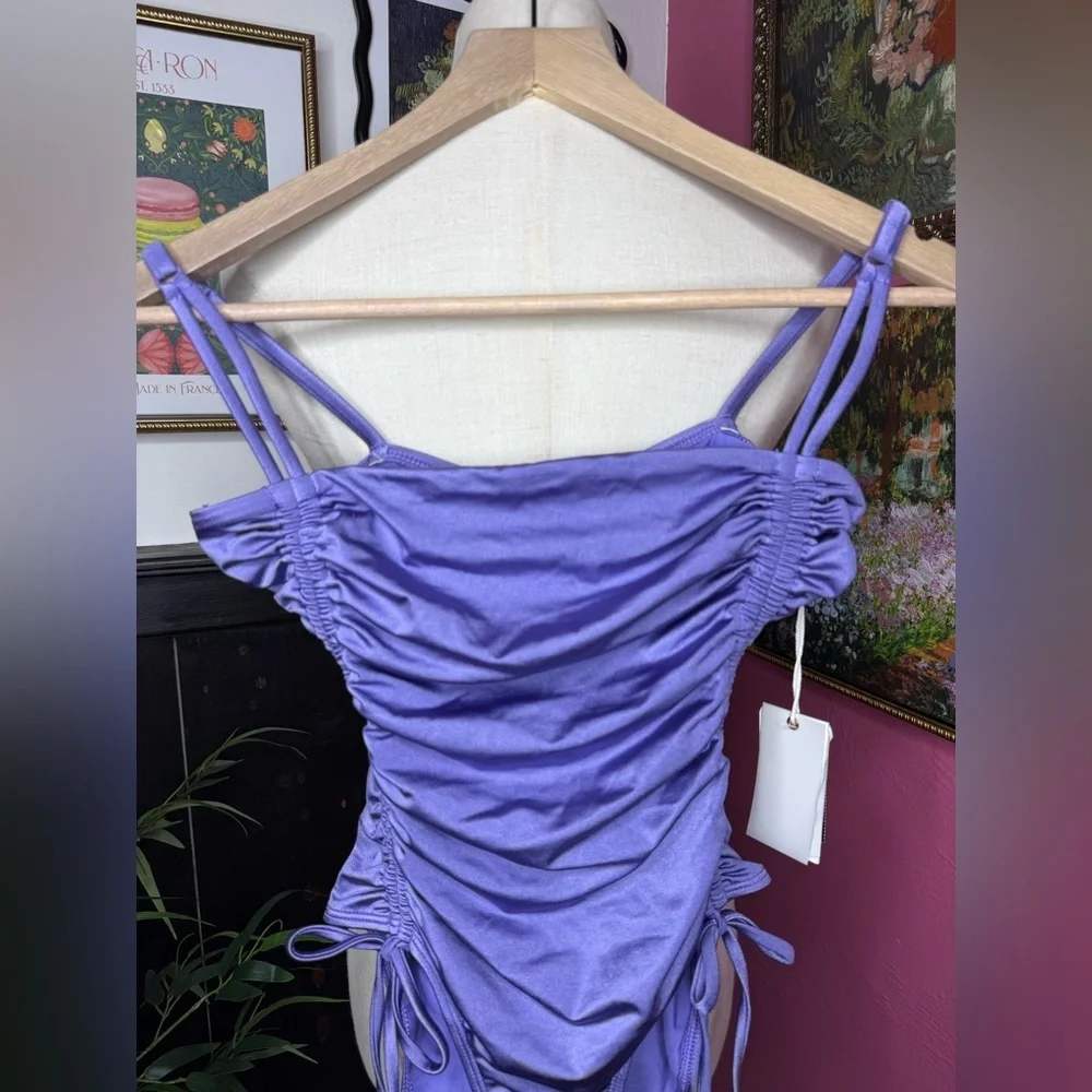 NWT Good American Metallic Purple One Piece Swimsuit Ruched Sz 2
